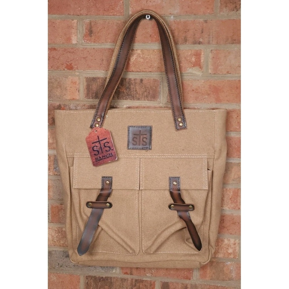 STS Ranchwear Brown Canvas Tote Bag Leather‎ Handles / Trim NWT